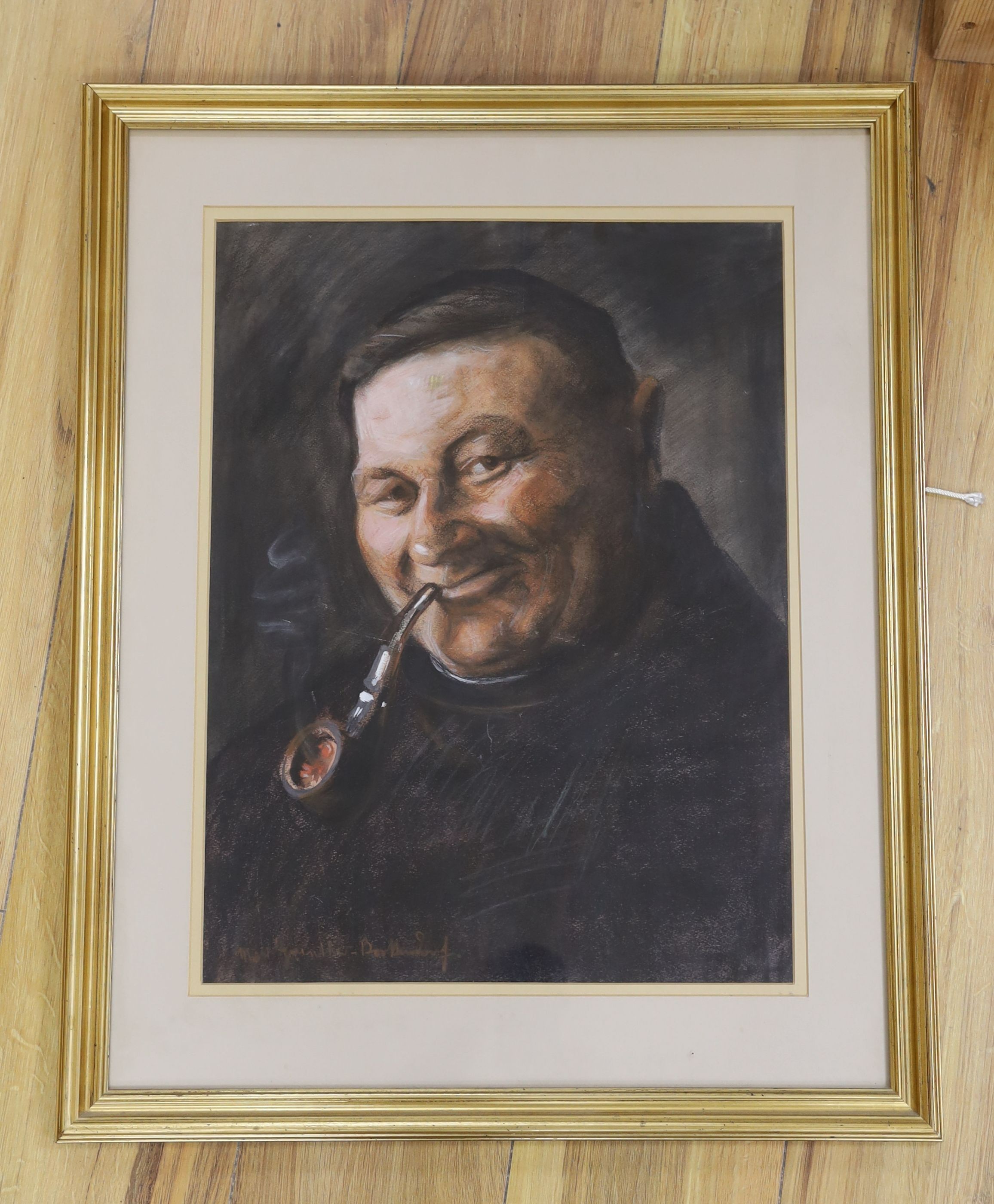 Max Gunther, pastel, Monk smoking a pipe, signed, 46 x 35cm